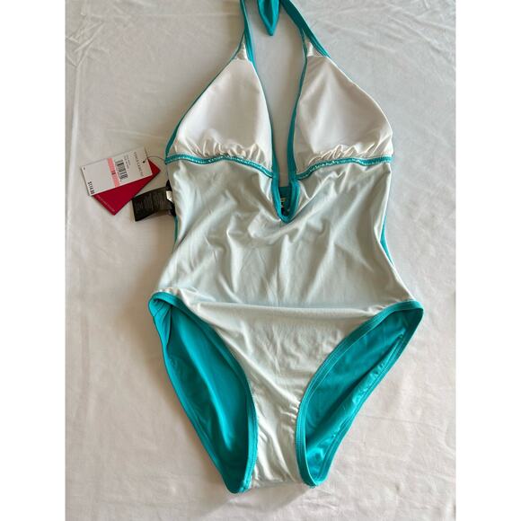 NWT Vince Camuto Swimsuit Halter Plunge Deep V One Piece Aqua Green Size 10 - Picture 9 of 11